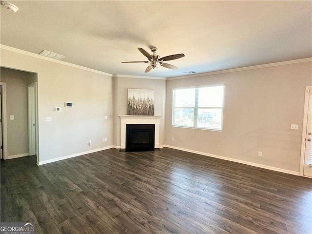 unfurnished living room featuring crown molding, dark hardwood / wood-style floors, and ceiling fan