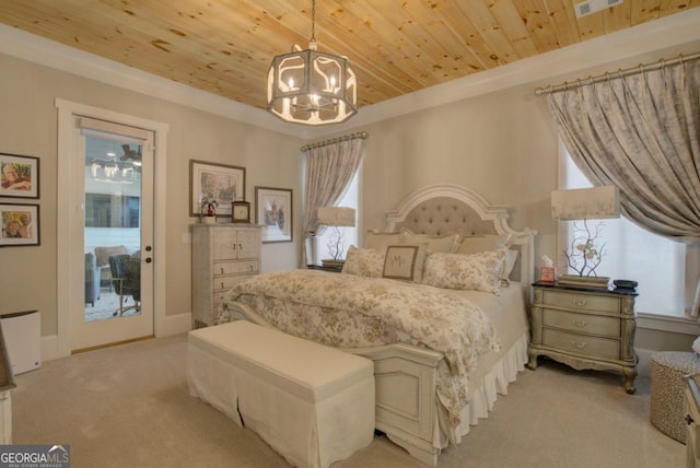 bedroom featuring light carpet, a notable chandelier, wood ceiling, and access to exterior