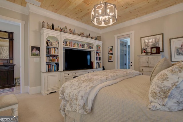 bedroom with ornamental molding, light colored carpet, wooden ceiling, and a notable chandelier