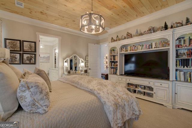 bedroom featuring crown molding, carpet, connected bathroom, wooden ceiling, and a chandelier