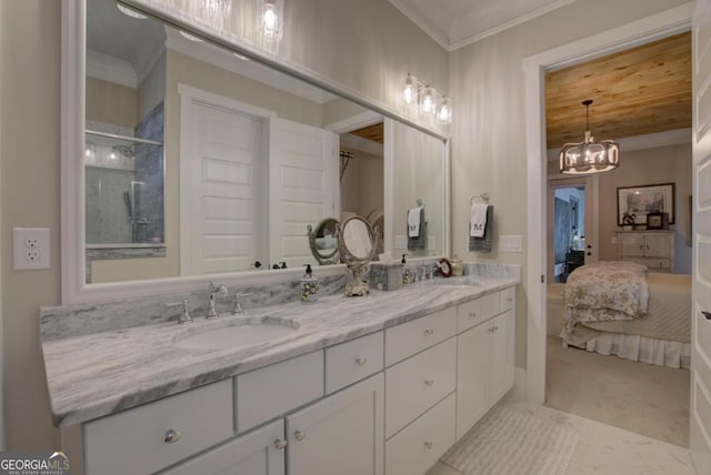 bathroom featuring a sink, crown molding, double vanity, ensuite bath, and a shower with shower door