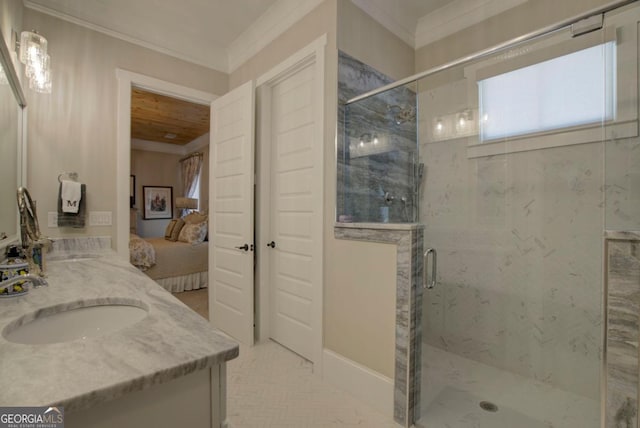 ensuite bathroom featuring crown molding, a marble finish shower, ensuite bath, and vanity
