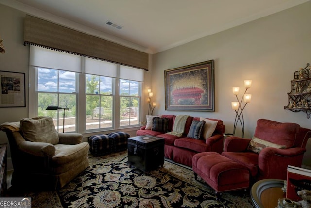 living room featuring crown molding