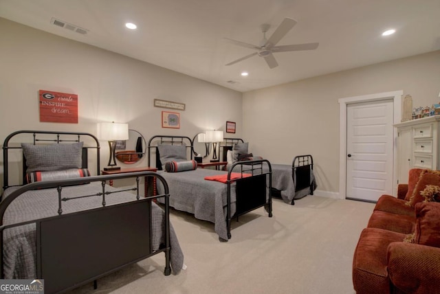 bedroom with recessed lighting, visible vents, a ceiling fan, and carpet floors