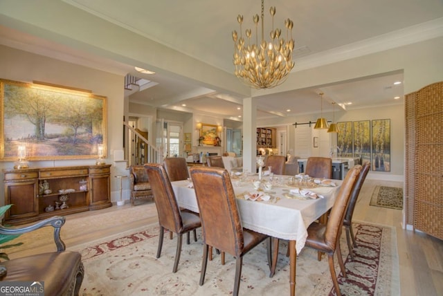 dining area with crown molding, light wood-type flooring, recessed lighting, stairs, and a notable chandelier
