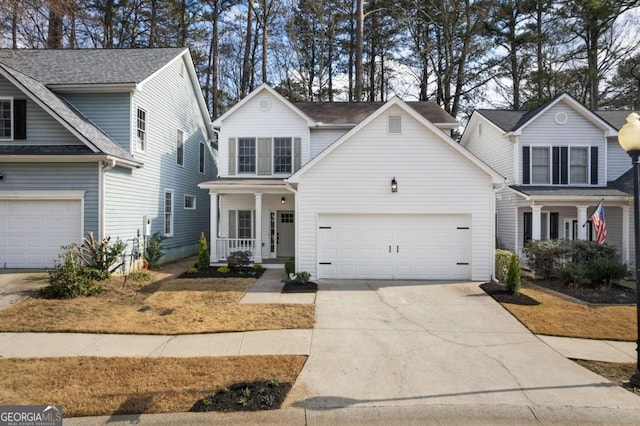 view of property featuring a garage and covered porch