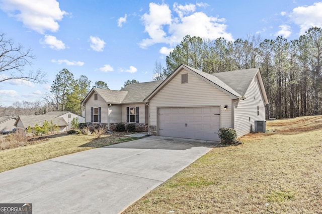 single story home featuring a garage, central AC, and a front lawn