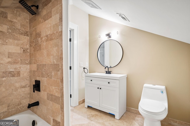 bathroom with visible vents, toilet, lofted ceiling, vanity, and  shower combination