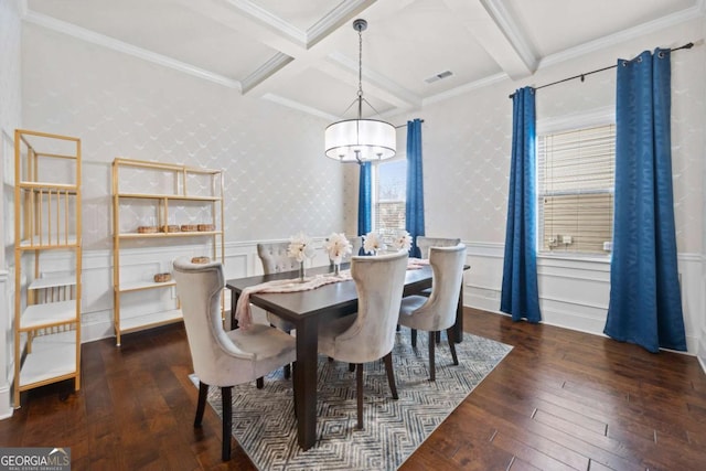 dining space featuring dark hardwood / wood-style flooring, ornamental molding, coffered ceiling, a notable chandelier, and beam ceiling