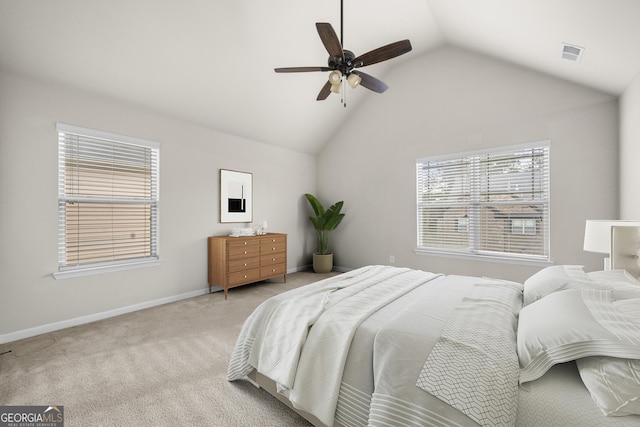 2268 Austin Common Way, Dacula, GA 30019 - bedroom with lofted ceiling, baseboards, carpet floors, visible vents, and ceiling fan