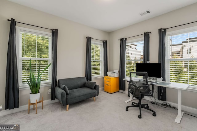 home office with light colored carpet and a wealth of natural light