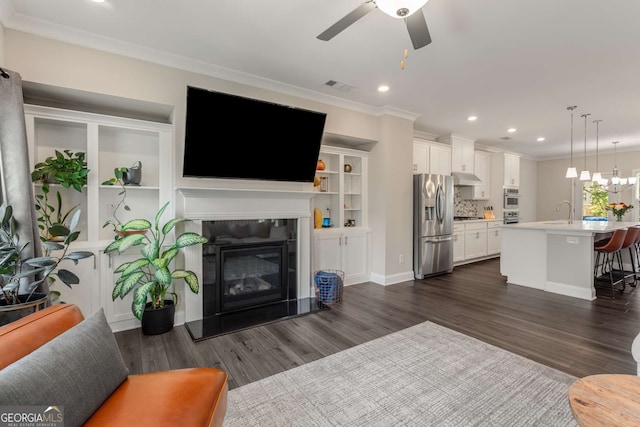 living room with sink, ornamental molding, and dark hardwood / wood-style floors