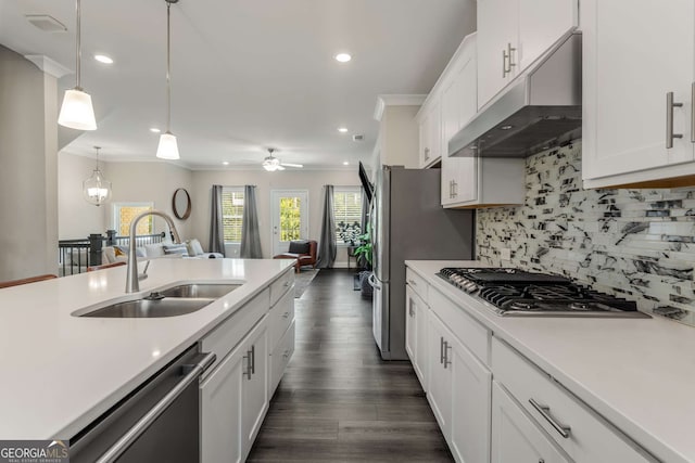 kitchen featuring extractor fan, white cabinetry, sink, hanging light fixtures, and stainless steel appliances