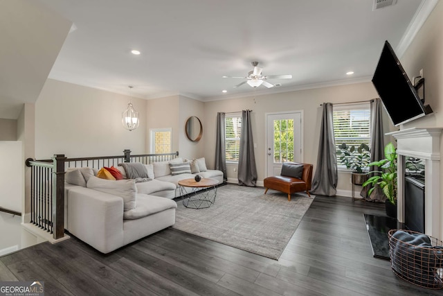 living room with crown molding, a premium fireplace, dark hardwood / wood-style flooring, and ceiling fan with notable chandelier