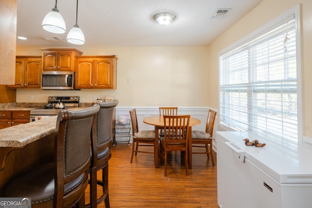 kitchen featuring pendant lighting, hardwood / wood-style floors, and stainless steel appliances