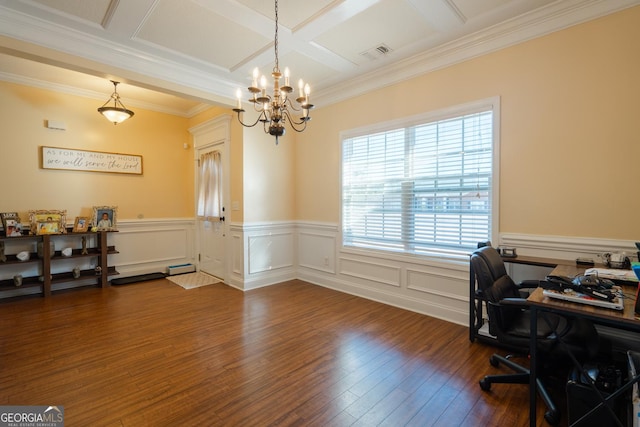 office space featuring coffered ceiling, crown molding, dark wood-type flooring, and a notable chandelier