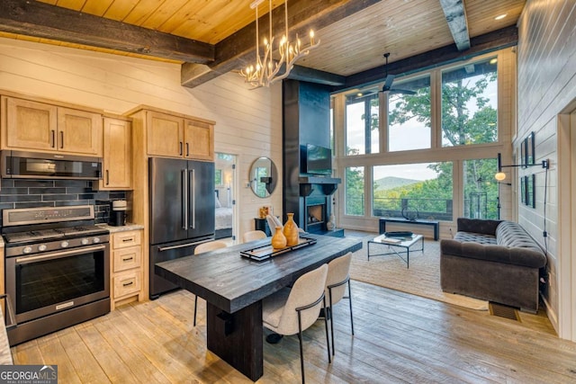 kitchen featuring stainless steel appliances, wooden walls, wood ceiling, and decorative light fixtures