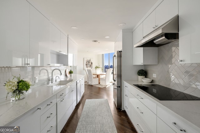 kitchen with white cabinets, dark wood-style floors, black electric stovetop, under cabinet range hood, and a sink