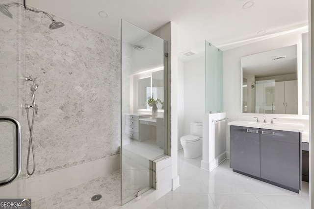 bathroom featuring marble finish floor, visible vents, toilet, vanity, and walk in shower