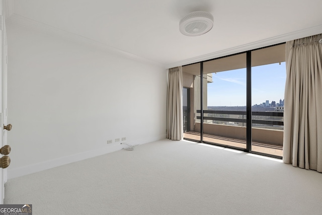 empty room with carpet floors, a view of city, crown molding, a wall of windows, and baseboards