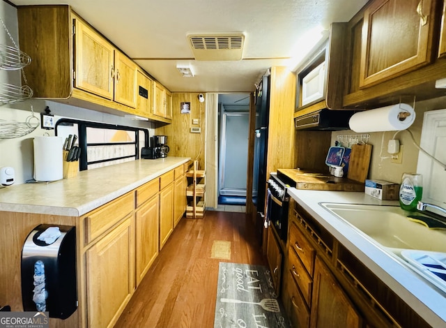 kitchen with sink, light hardwood / wood-style flooring, and ventilation hood