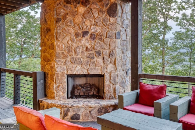 exterior space with a fireplace