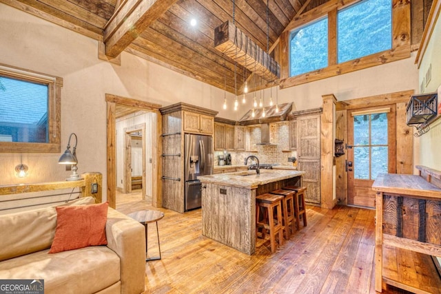 kitchen featuring a breakfast bar, pendant lighting, sink, a kitchen island with sink, and wooden ceiling