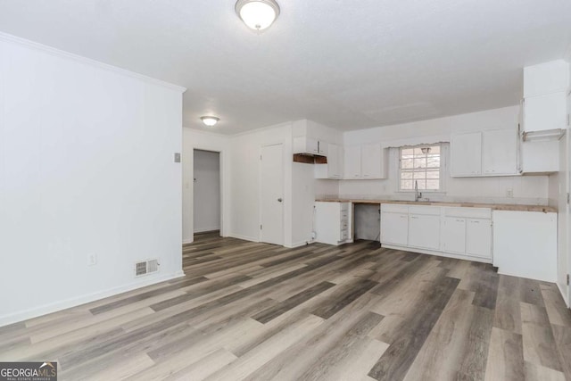 kitchen with white cabinetry, sink, and hardwood / wood-style floors