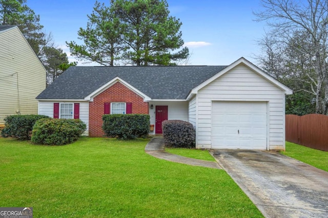 ranch-style house with a garage and a front lawn