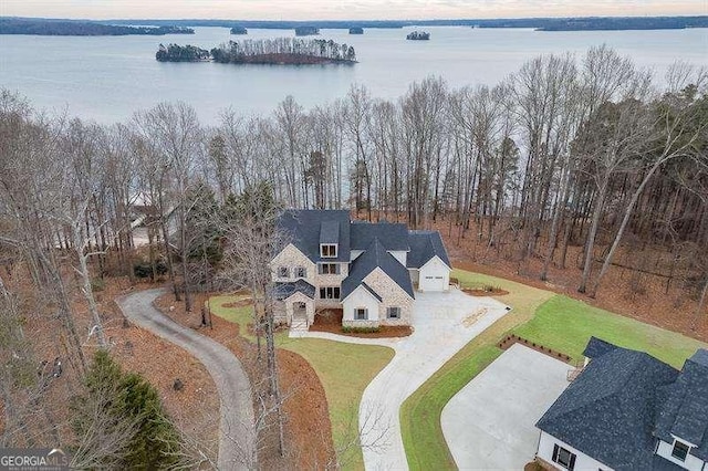 drone / aerial view featuring a water view