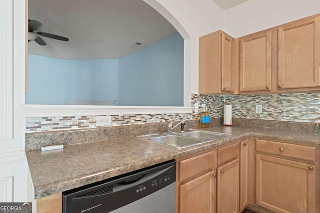 kitchen featuring sink, backsplash, stainless steel dishwasher, and ceiling fan