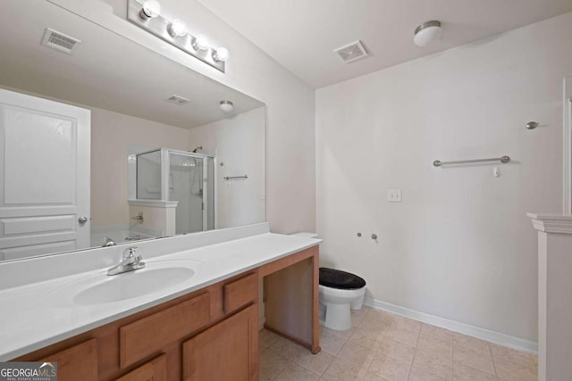 full bathroom featuring vanity, shower with separate bathtub, and toilet