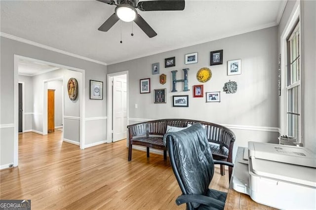 office with crown molding, ceiling fan, and hardwood / wood-style floors