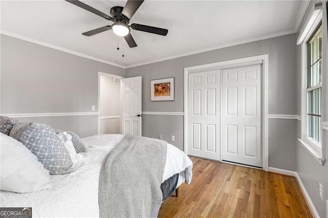 bedroom with crown molding, light hardwood / wood-style floors, a closet, and ceiling fan