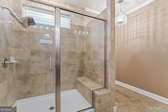 bathroom featuring tile patterned flooring, ornamental molding, and walk in shower