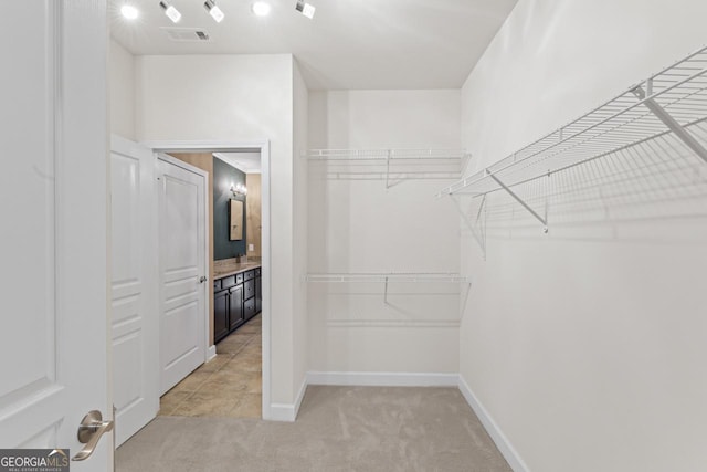 spacious closet with light carpet