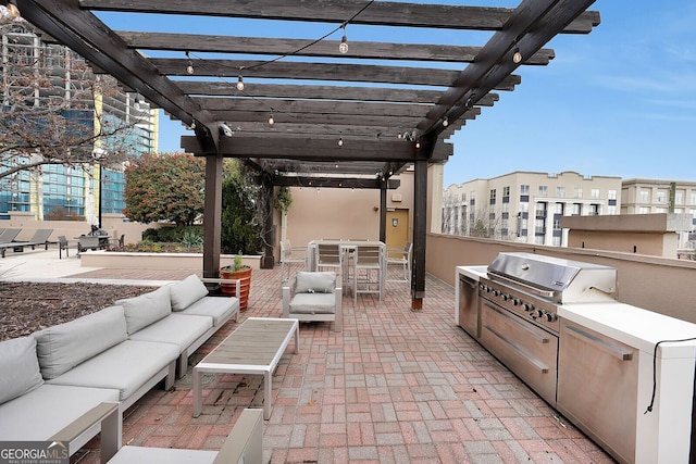 view of patio / terrace featuring an outdoor living space, a grill, area for grilling, and a pergola