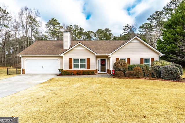 single story home with a garage and a front yard