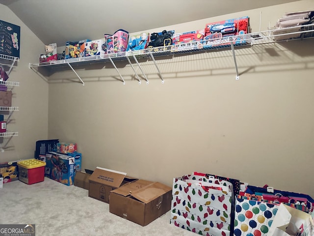 spacious closet with lofted ceiling and carpet flooring