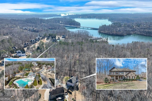 birds eye view of property featuring a water view