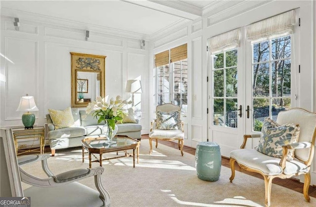 sunroom with beam ceiling