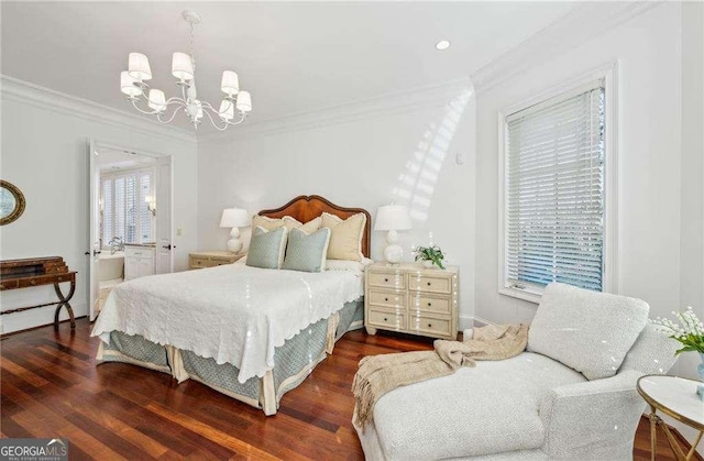 bedroom featuring crown molding, dark hardwood / wood-style flooring, and multiple windows