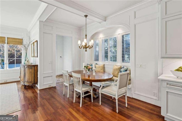 dining room featuring an inviting chandelier, dark hardwood / wood-style floors, ornamental molding, breakfast area, and beamed ceiling