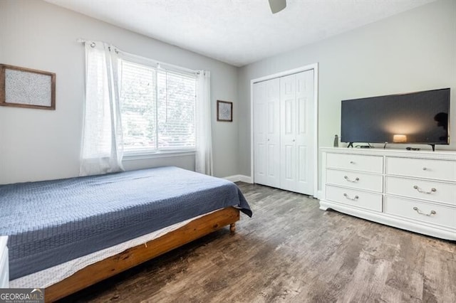 bedroom featuring hardwood / wood-style flooring, ceiling fan, and a closet