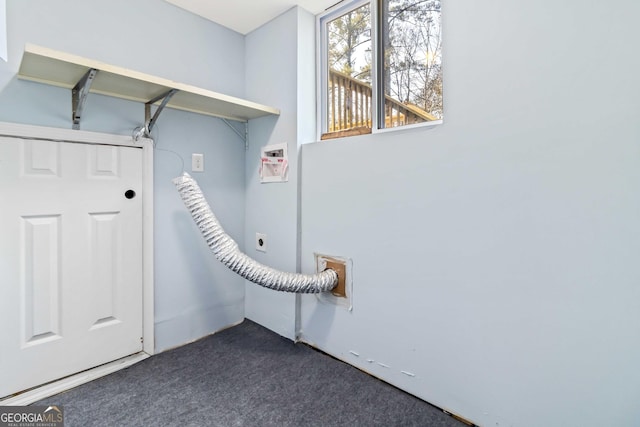 clothes washing area featuring dark colored carpet, electric dryer hookup, and washer hookup