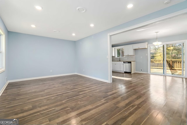 unfurnished living room with sink and dark hardwood / wood-style flooring