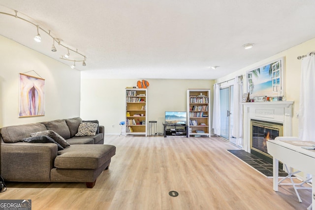 living room with track lighting and light hardwood / wood-style floors