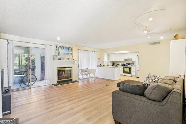 living room with sink and light hardwood / wood-style flooring