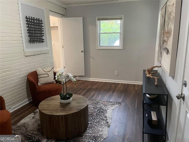 sitting room with crown molding and dark wood-type flooring