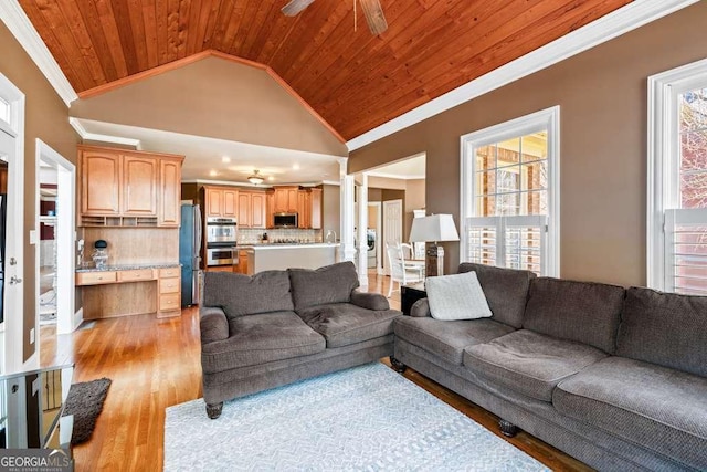 living room with crown molding, high vaulted ceiling, wooden ceiling, ceiling fan, and light hardwood / wood-style floors